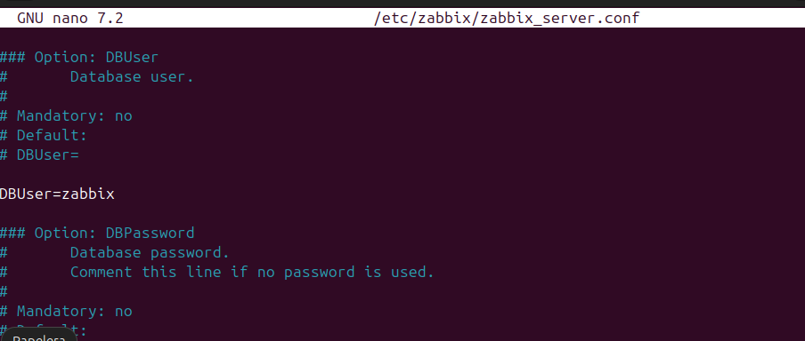 Parámetros DBUser y DBPassword en zabbix_server.conf
